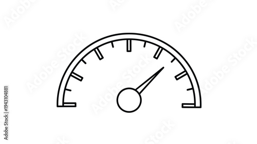 Minimalist black and white line art illustration of a semi-circular gauge or speedometer with a needle pointing to the right.