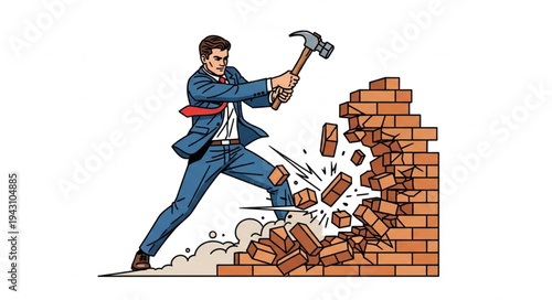 Man in Suit Smashing Brick Wall.