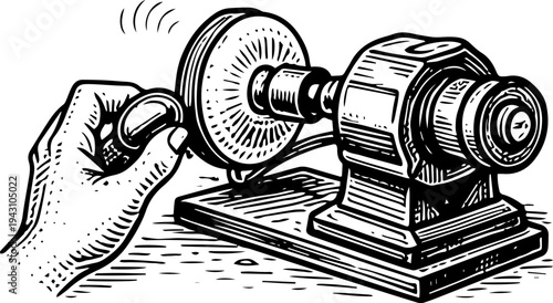 Black and White Hand Drawn Vector Illustration of Jeweler Hand Polishing Ring on Buffing Wheel Machine