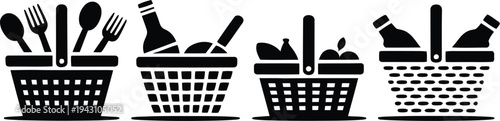 A shopping basket icon set with various items for grocery shopping