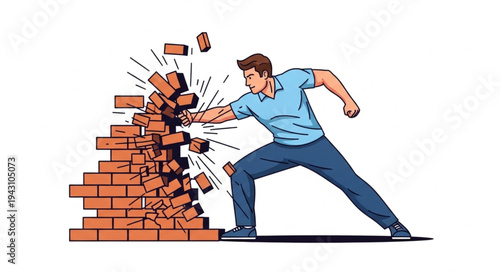 Man Kicking Down Brick Wall.