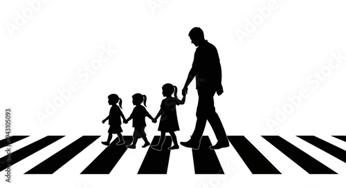 Father and children crossing street together.