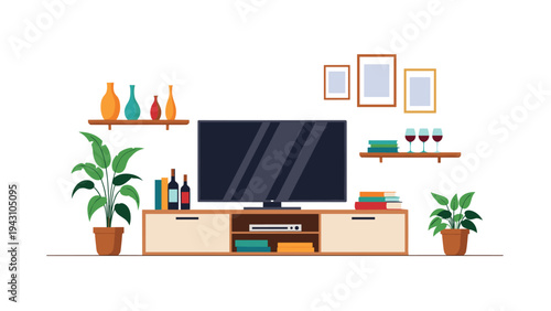 Detailed interior scene of a living room media console with a flat screen television and various decor items on a white background.