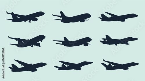 Various airplane silhouettes shown in different flight stages and angles, representing aviation, travel, and global transportation services.