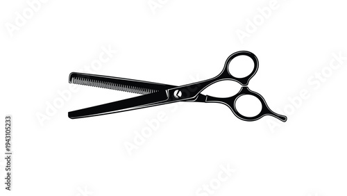 Professional thinning scissors used in hairdressing and barbering, shown in black and white silhouette for grooming and styling services.