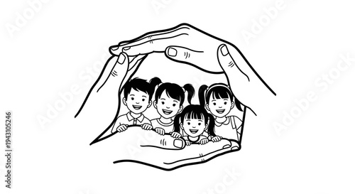 Hand Protecting Smiling Little Children.