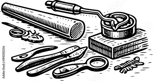 Black and White Vintage Vector Illustration of Jewelry Making Tools Blowtorch and Soldering Block