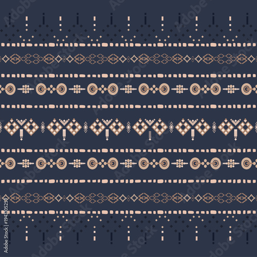 Boho tribal geometric stripe seamless pattern ethnic textile background, indigo blue colorway
