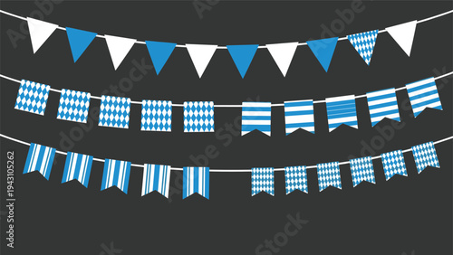 Three rows of blue and white bunting flags with checkered and striped patterns, typically used for Oktoberfest and Bavarian festivals.