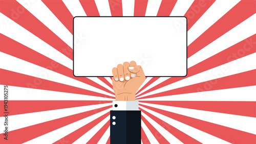 Hand in a suit sleeve holding up a blank white sign against a red and white sunburst background, suitable for advertisements or messages.