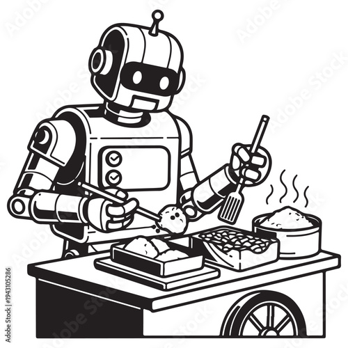 Stylized Robot Preparing Food on Table with Dishes