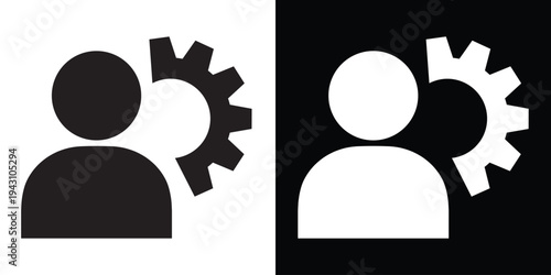 Human resources and industrial workforce icon. A person silhouette integrated with a large mechanical gear, representing technical skills, engineering labor, or automated user roles.