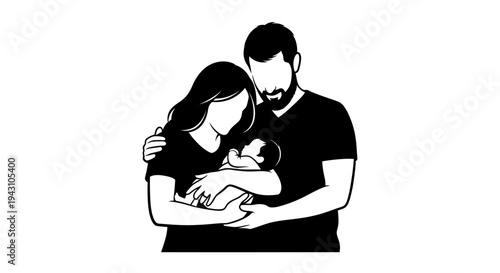 Loving parents holding newborn baby tight.