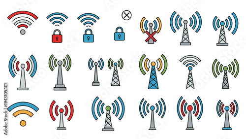Large collection of diverse icons representing wireless signals, wifi, cellular towers, and network security symbols in various colors.