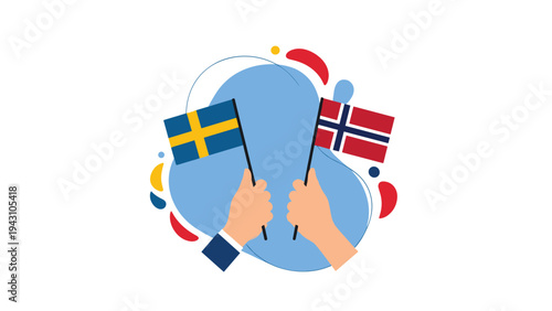 Hands holding the flags of Sweden and Norway over a blue abstract background, signifying the close relationship and cooperation between neighbors.