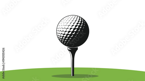 Close-up of a golf ball resting on a black tee in a green field under a white sky, representing the start of a golf game or practice.