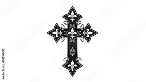 Highly detailed black and white ornate cross featuring elaborate fleur-de-lis patterns and scrollwork for religious or artistic themes.