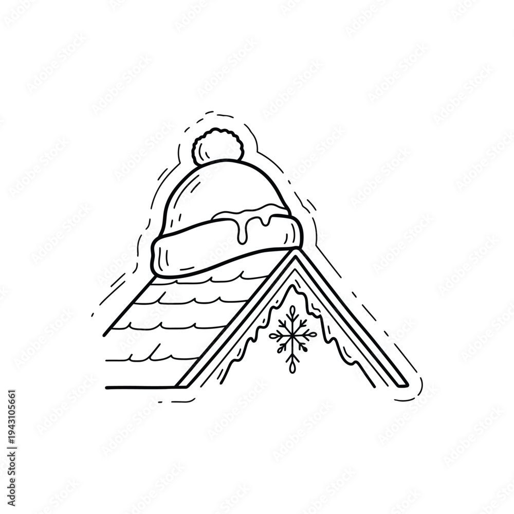 Fototapeta premium Winter hat on snowy rooftop with decorative snowflake.