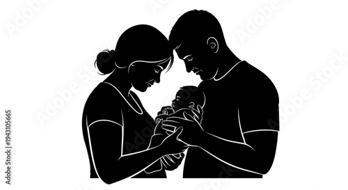 Silhouette of happy young family together.