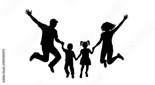 Silhouette of happy family jumping together.
