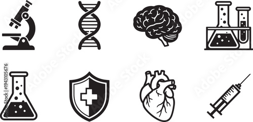 A set of vector line art medical icons including a microscope, DNA, brain, laboratory equipment, beaker, shield, heart, and syringe