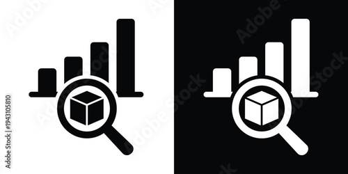 Data analysis and inventory tracking icon. A bar graph with a magnifying glass focusing on a 3D cube, symbolizing logistics inspection, stock market research, and product analytics.