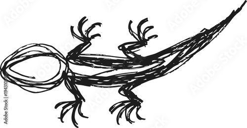 hand drawn lizard sketch in black ink minimalist reptile illustration with linear detailing and natural pose