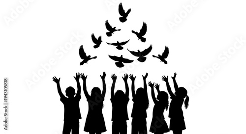 Silhouettes of people releasing birds.