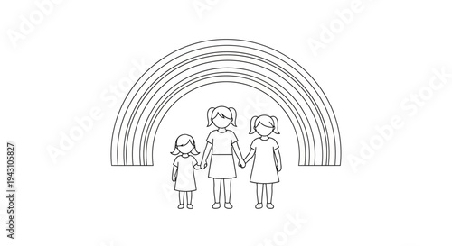 Three girls standing under rainbow.