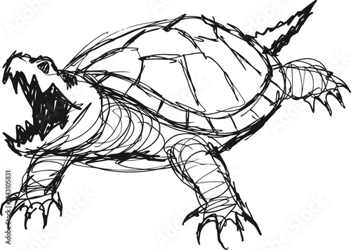 Aggressive snapping turtle sketch with open mouth and sharp claws, fierce reptile drawing