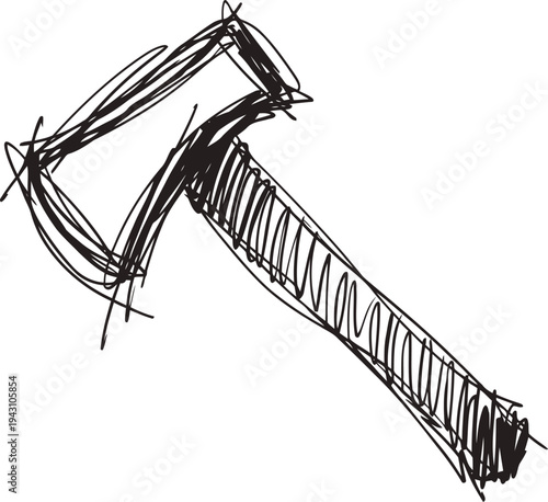 Rough hand drawn ax sketch isolated on white background, simple black ink illustration of tool