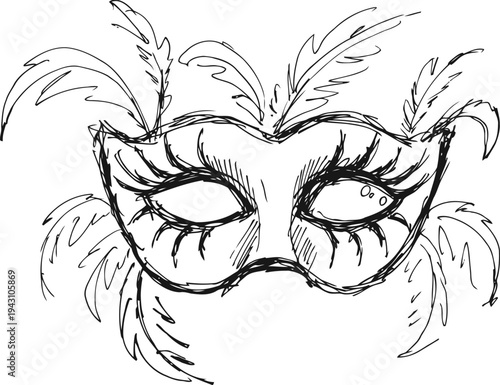 Decorative masquerade mask with feathers and intricate eyelashes sketch illustration