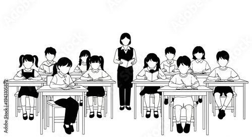 Teacher standing with students in classroom.