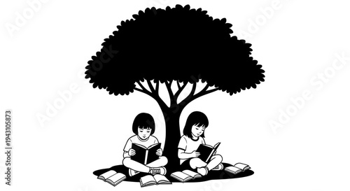 Two children sitting under tree reading.