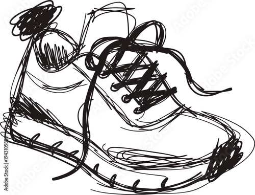Hand drawn sketch of casual sneakers with laces loose, black ink drawing of sport shoes