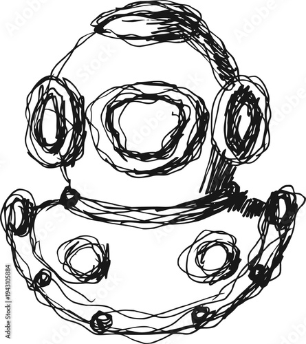 Vintage deep sea diving helmet sketch hand drawn old underwater helmet illustration with round glass window and bolts