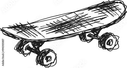 Hand drawn skateboard sketch with wheels, rough artistic illustration, black ink drawing on white background