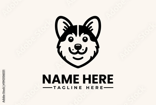 A simple black and white illustration of a smiling husky dog head with text space for a name and tagline on a beige background, featuring a logo, vector, illustration, icon, pictogram logo