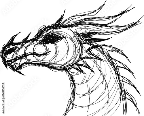Sketch of a fierce dragon head with sharp spikes and detailed scales in black ink lines