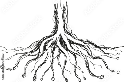 Tree root system detailed black line drawing isolated on white background