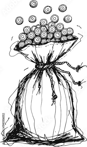 Money bag overflowing with coins, hand drawn sketch illustration of wealth and savings