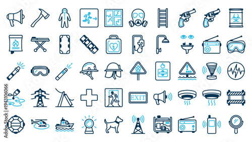 Rescue and disaster response icon collection with firefighter gear, exit signs, and emergency vehicles