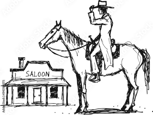 Cowboy on horse tipping hat in front of western saloon building sketch illustration