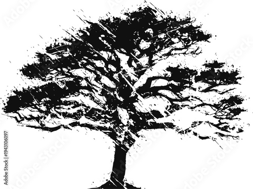 Black silhouette of a large oak tree with dense branches and spreading canopy