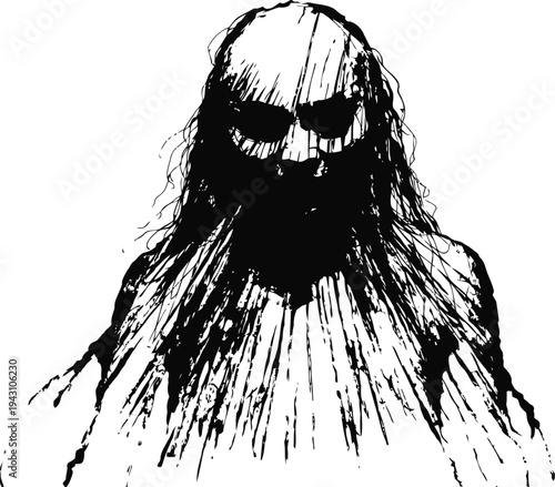 Dark silhouette of a mysterious figure with long hair and intense eyes on white background