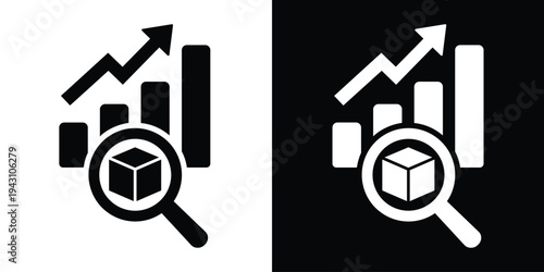 Data analysis and inventory tracking icon. A bar graph with a magnifying glass focusing on a 3D cube, symbolizing logistics inspection, stock market research, and product analytics.