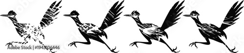 running bird silhouette sequence in black and white animal movement illustration showing wing and leg positions