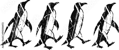 four black and white penguin silhouettes walking, minimalistic animal illustration