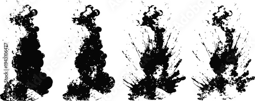 Black ink splash sequence on white background, abstract paint blot and splatter art collection
