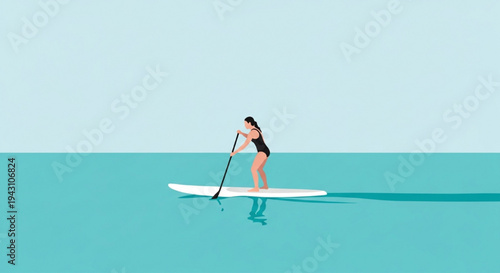 Young woman standing on paddleboard paddling on calm blue sea vector illustration